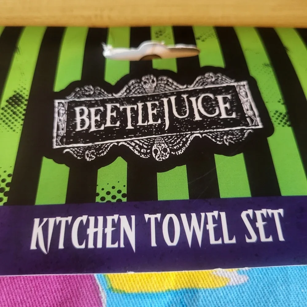 Beetlejuice Kitchen Towel Set 2 Pack NWT Handbook Recently Deceased 100% Cotton